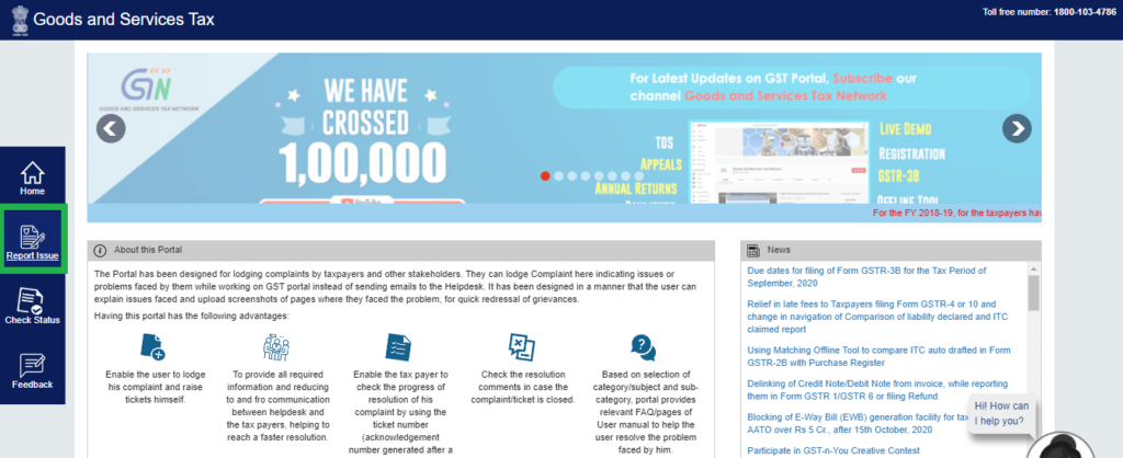 Click on the report issue option available on the side-bar.