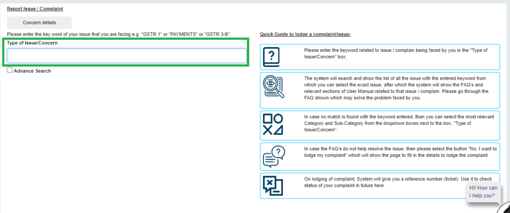 Enter the issue/concern box and the box will suggest certain issues related to the keyword