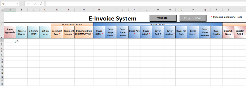 Details in the e-invoice sheet