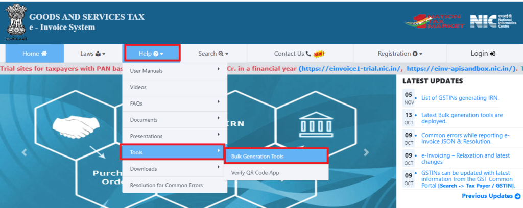 To download the bulk e-invoice generation tool you need to click on the Help button available on the menu bar and select the tools option.