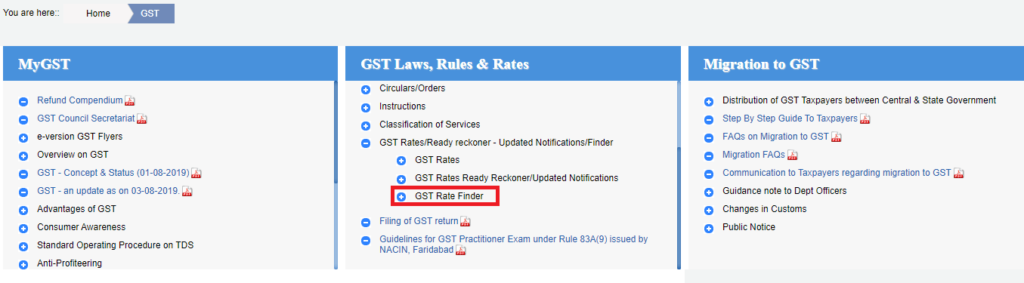 Choose the GST Rate Finder option.
