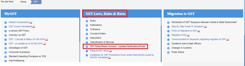 Choose GST rates/Ready reckoner available under GST Law, Rules, and Rates