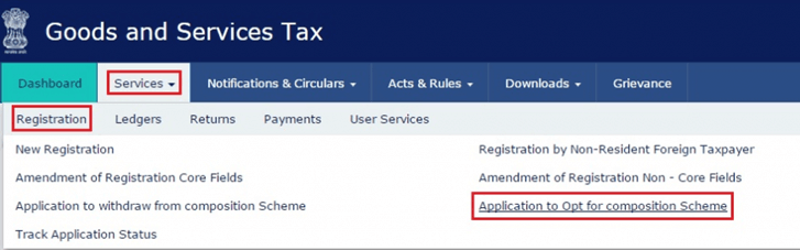 select the application to Opt for composition levy as shown in the below snippet.
