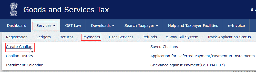 Then click on the Payments option and select the Create Challan option available thereunder.